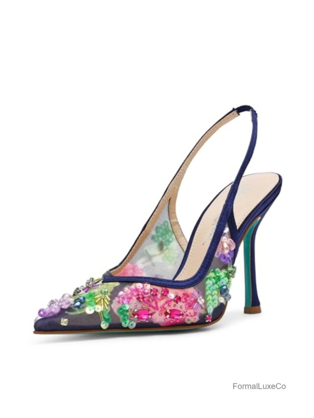 Sequined Beaded Mesh Slingback Stiletto Heel Pointed Toe Pump